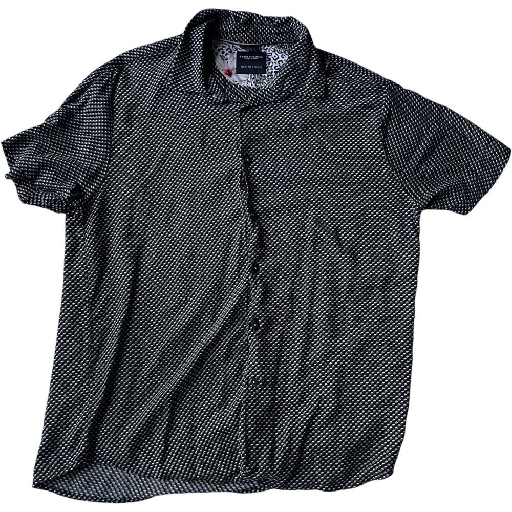 Short Sleeve Button Up Shirt Black White Geometric Microprint Men’s M